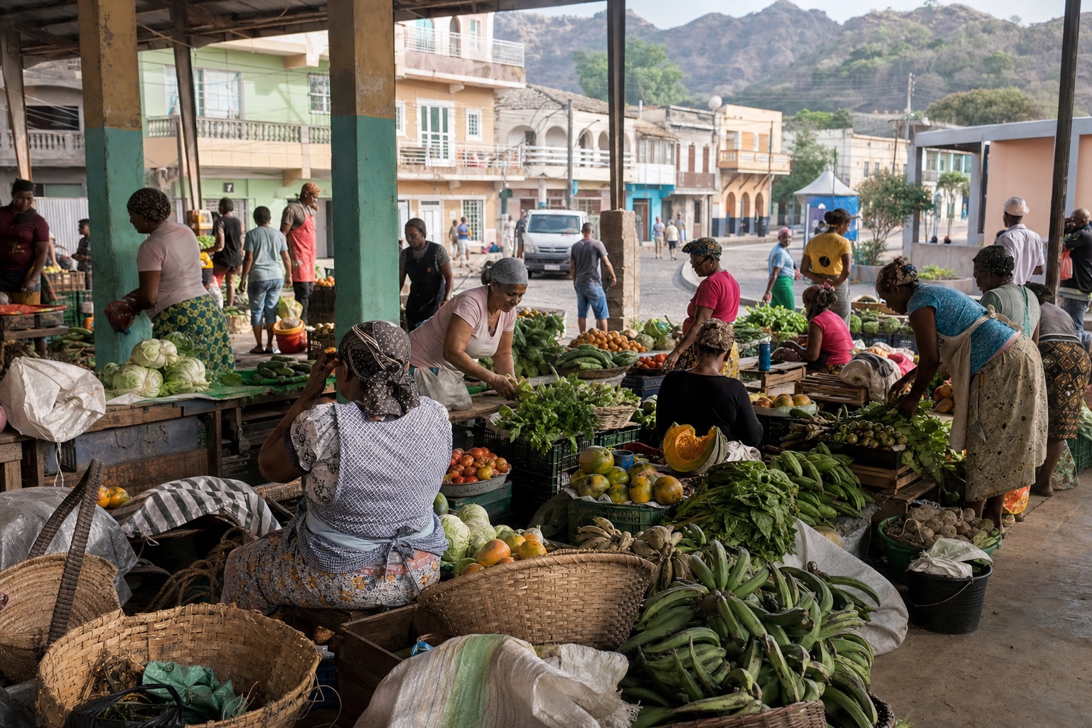 Vendors and guests among fruit and vegetables at Assomada market