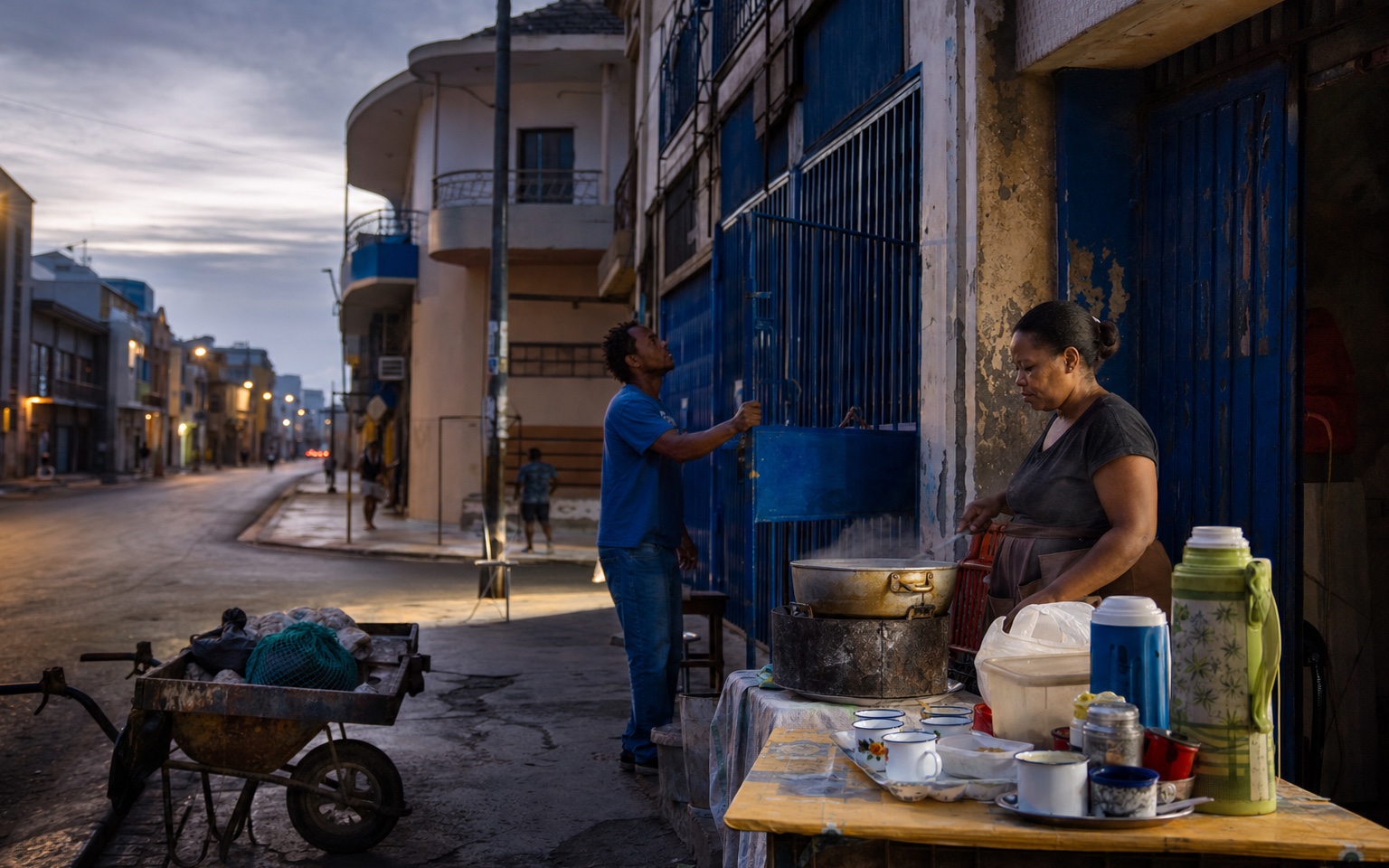 Trabalhadores a abrir um serviço de pequeno-almoço junto à Sucupira antes do amanhecer