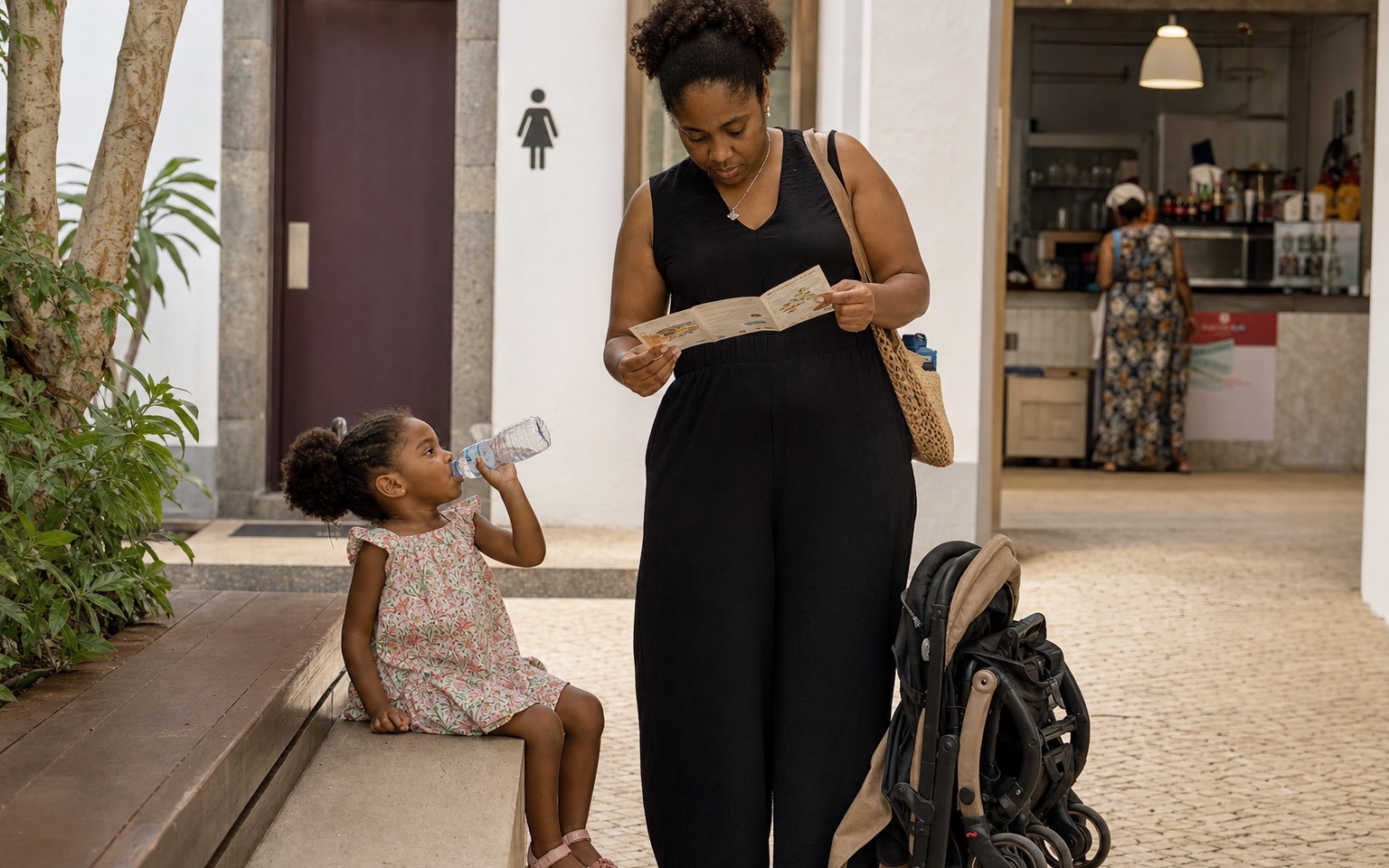 A parent checks practical information while a child rests before a Praia outing