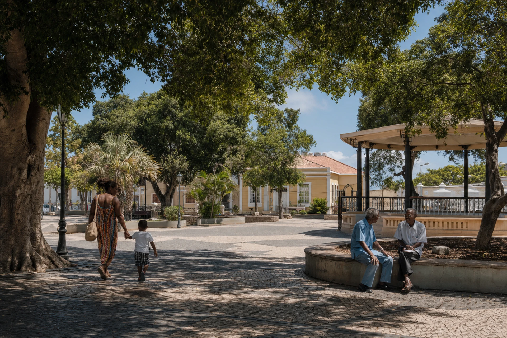 People crossing Praça Alexandre Albuquerque in Praia