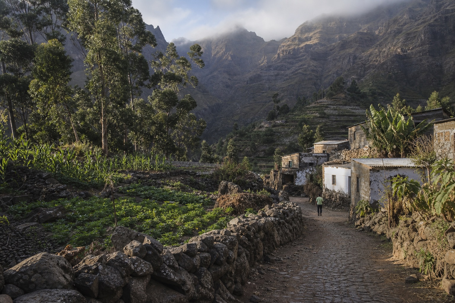 Terraced agriculture and mountain paths near Rui Vaz