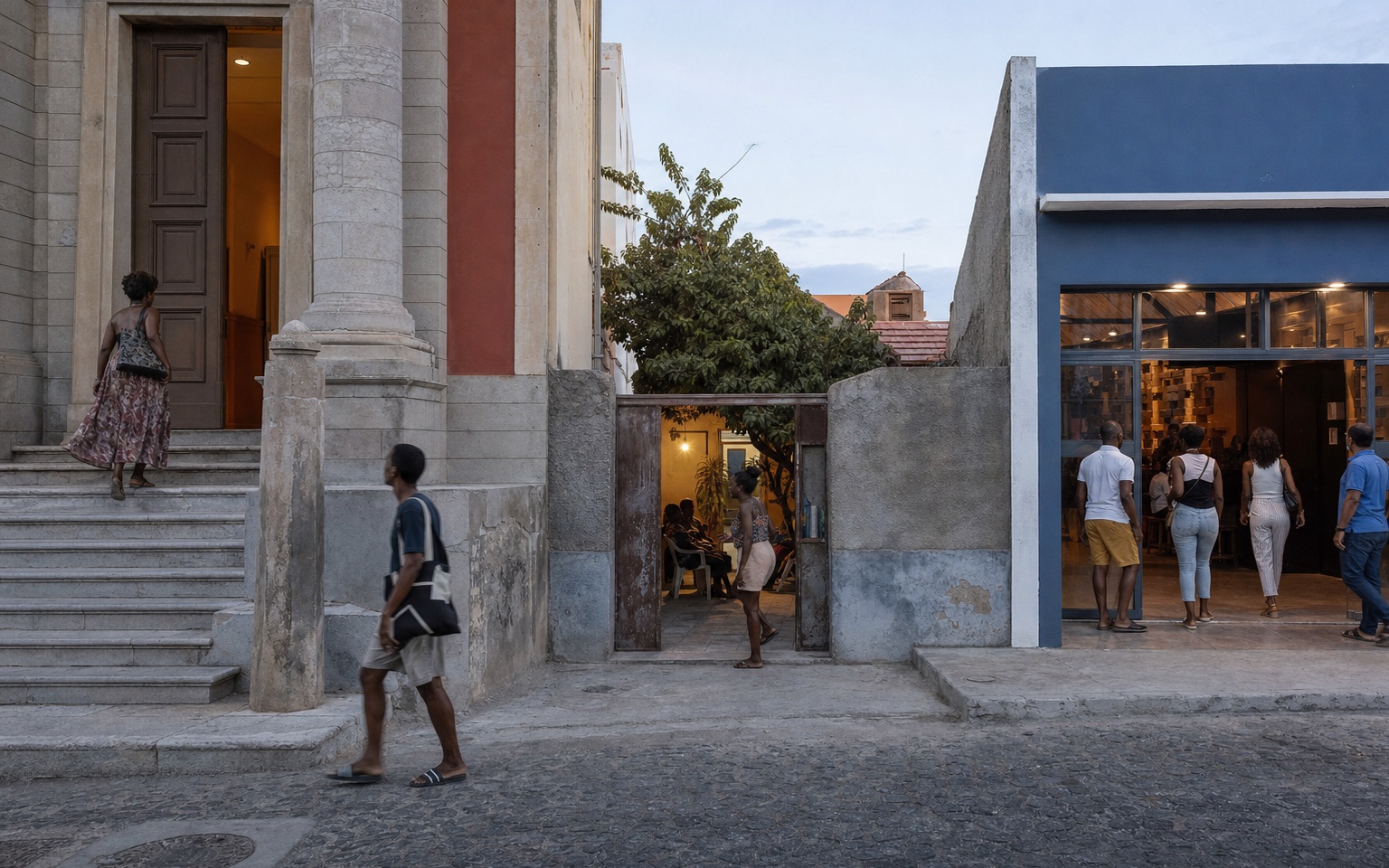 Three inhabited architectural thresholds in Plateau at blue hour