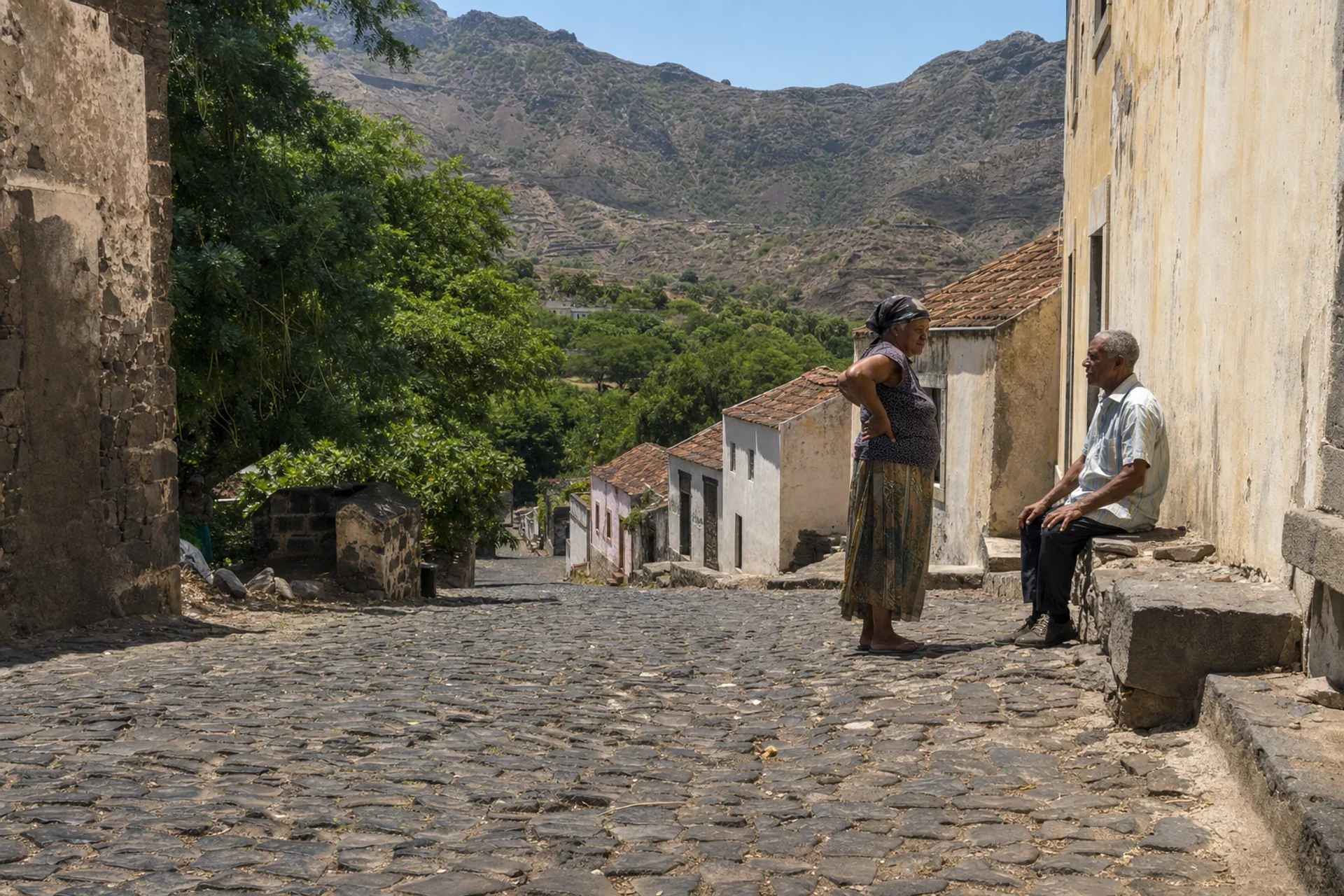 A conversation on a stone street in Cidade Velha