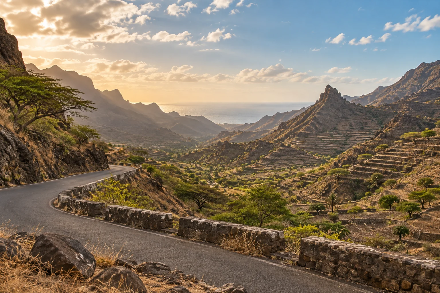 Editorial illustration of a winding road through a volcanic valley
