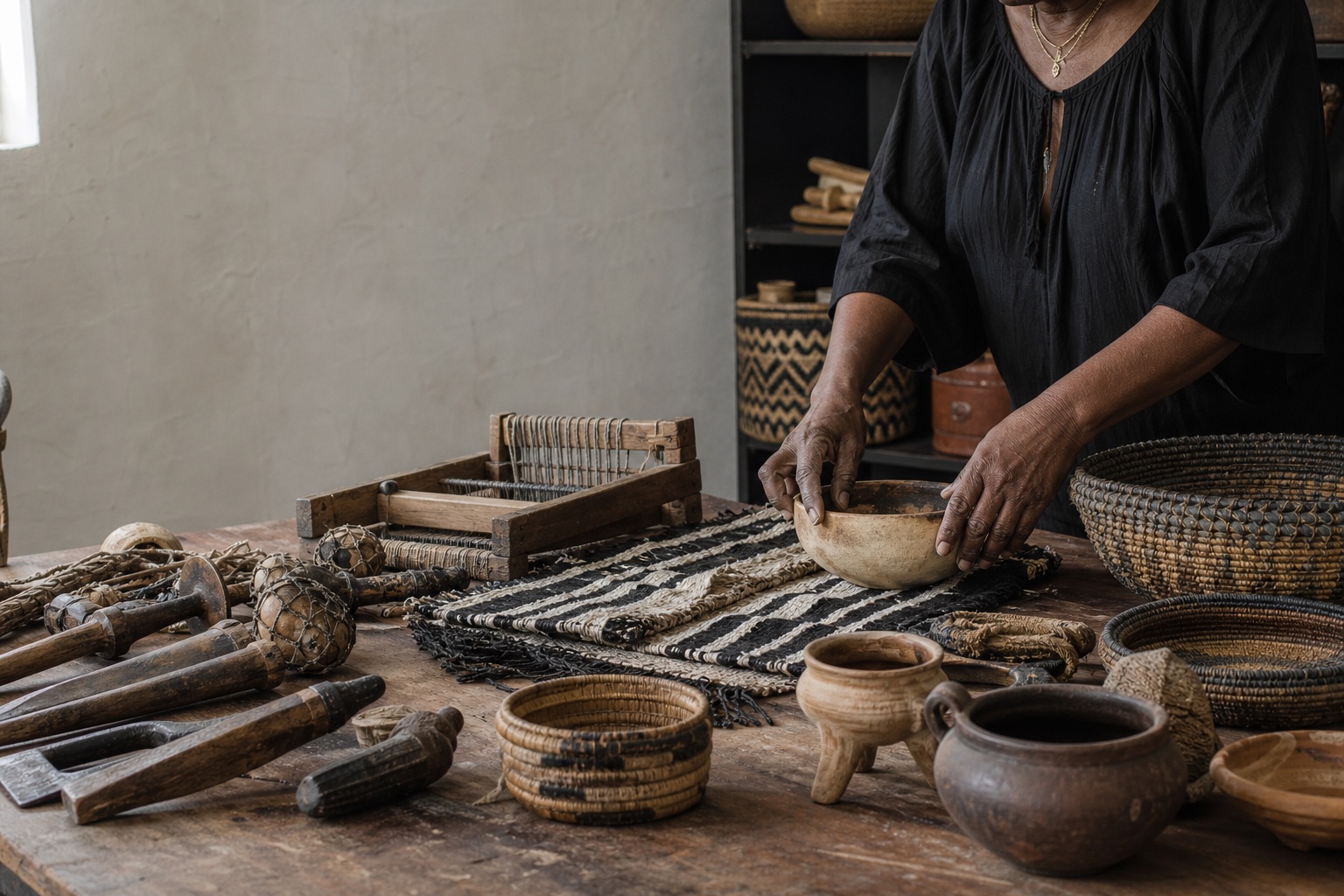 Woven cloth, basketry, pottery and hand tools on an archive table
