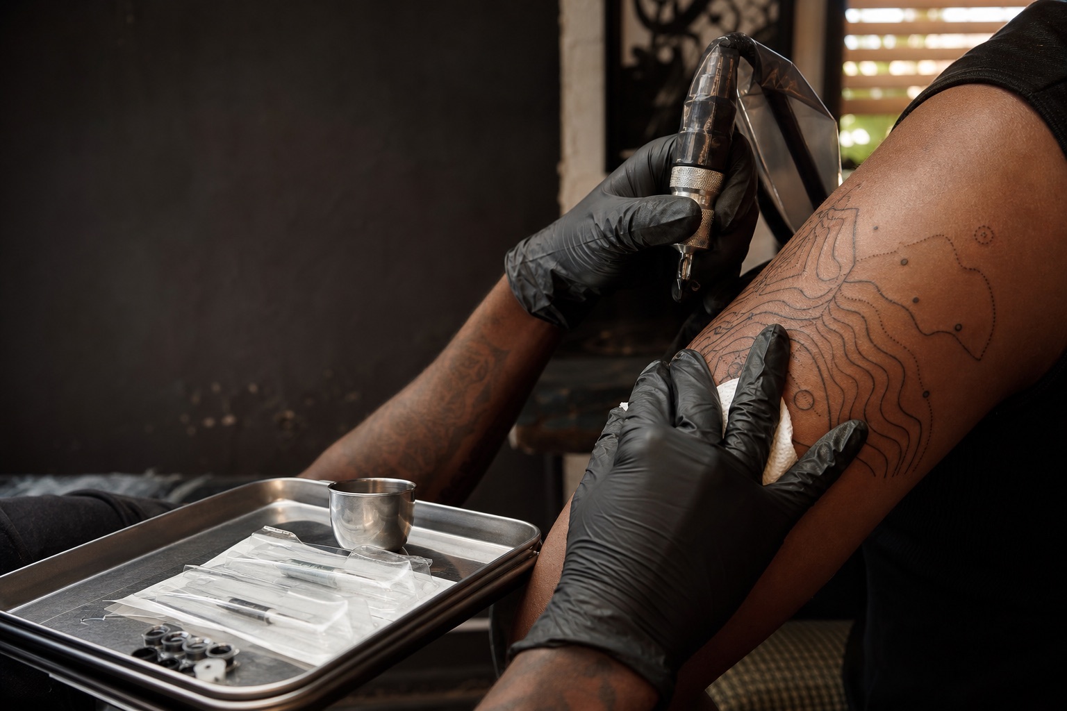 Tattoo artist working on Atlantic topography-inspired linework