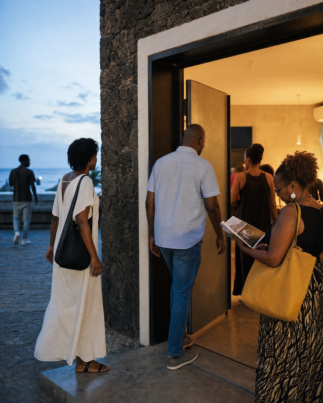 Guests arriving at an independent cinema in Praia at blue hour