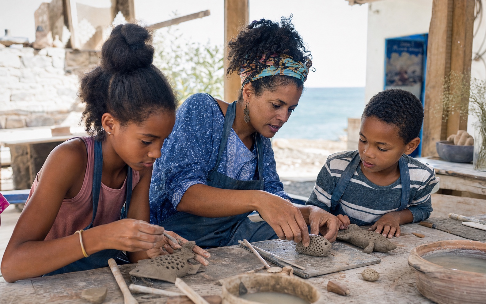A Cape Verdean ceramic artist guiding children at a clay table