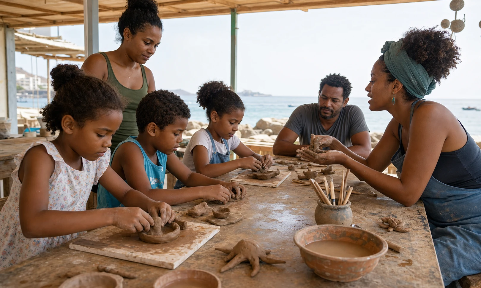 A Cape Verdean ceramic artist guiding children at a clay table