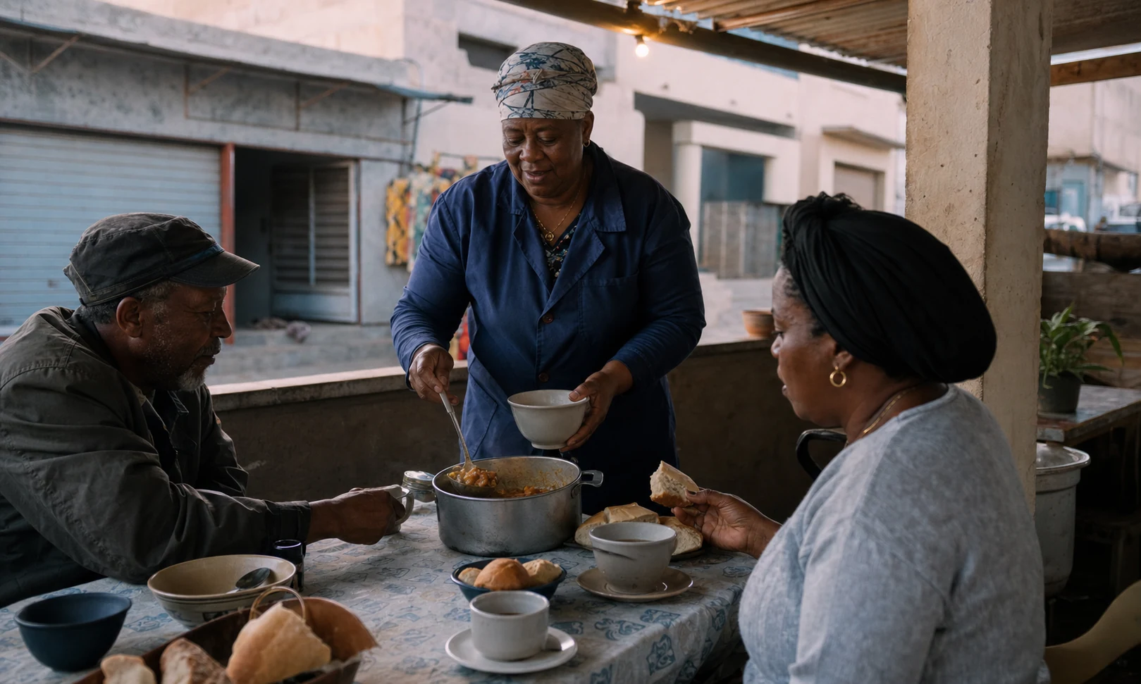 Guests sharing cachupa and coffee near Sucupira in the early morning