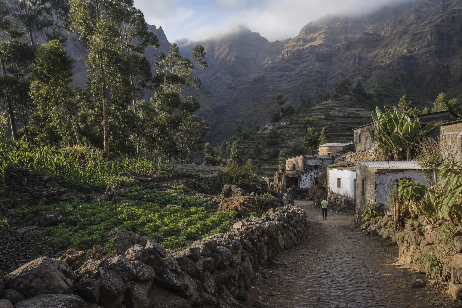 Terraced agriculture and mountain paths near Rui Vaz