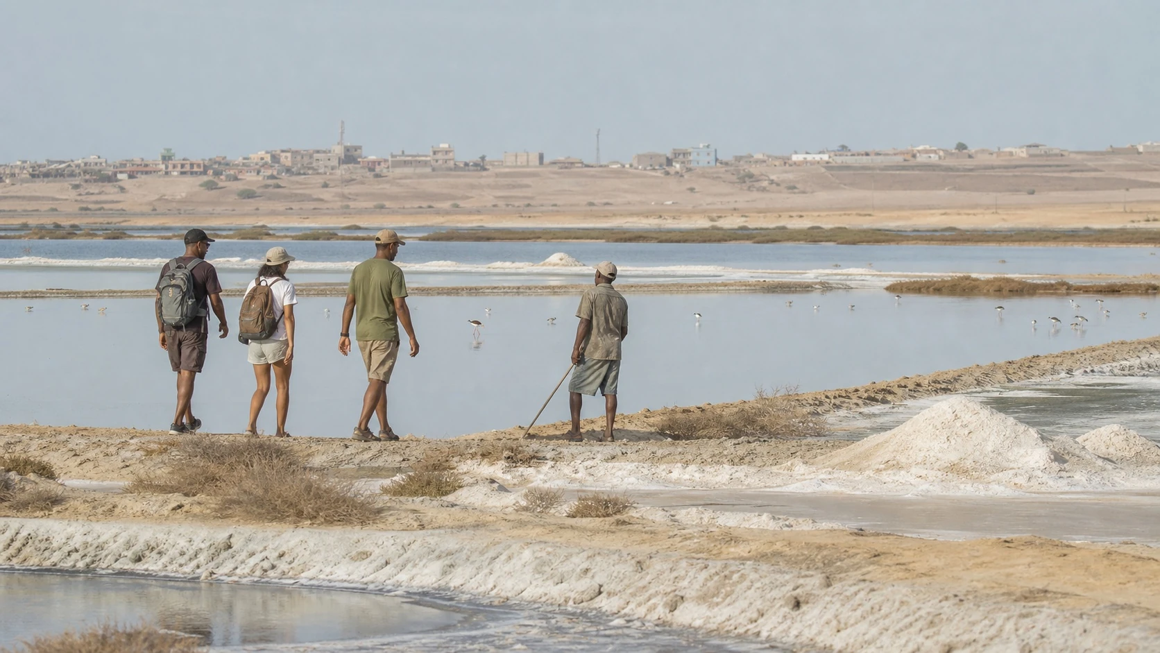 A guide and guests crossing Maio’s salt landscape with a local worker