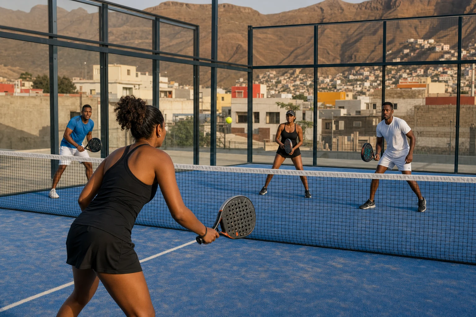 Four recreational players during an outdoor padel match in Praia