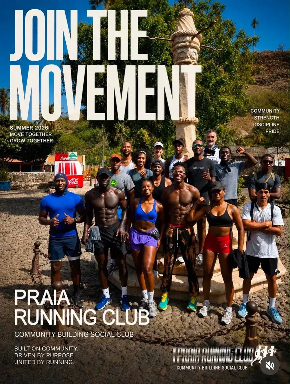 Praia runners gathering beside Quebra Canela before the Sunday community run